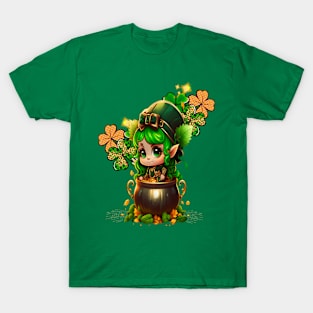 Cute Chibi Gnome St Patrick's Day Clover & Pot Of Gold T-Shirt